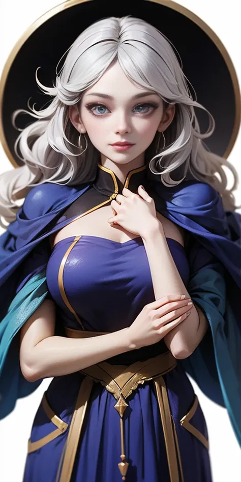 (female chest covered)(smile) gray skin, pale golden hair and violet eyes. she prefers clothing of white and silver with cloaks ...