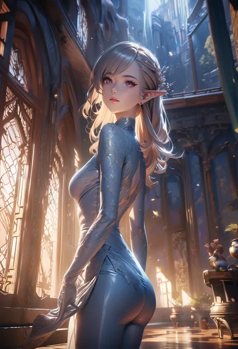 a beautiful and elegant female elf, wearing high heels, long gloves, tight bodysuit, cheongsam dress, serene and kind expression, detailed face features, intricate fabric textures, ethereal lighting, vibrant colors, cinematic composition, photorealistic, a...