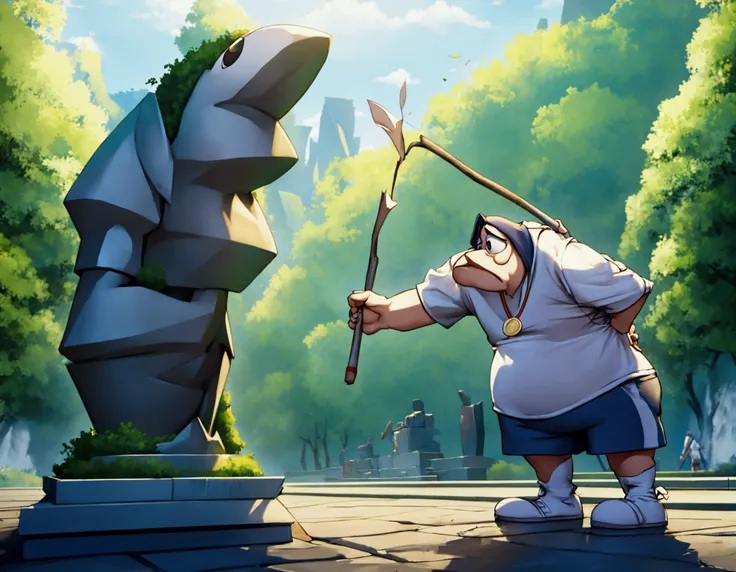 Cartoon character droopy (sad, baggy shirt, baggy shorts, 1 javelin)is preparing to do the javelin toss at the Olympic games, this scene is immortalized in a granite statue