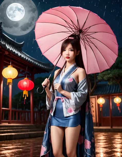 On the rainy playground, the girl hit the umbrella above her head, and held an umbrella in her other hand, blue denim leggings, masterpiece superb night moon full moon 1 female mature woman, Chinese sister royal sister cold face showing silver white long h...