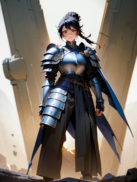 Middle-aged female, black hair in a bun, warrior braid, chainmail armor, fierce eyes, standing on path, with a shoulder pauldron