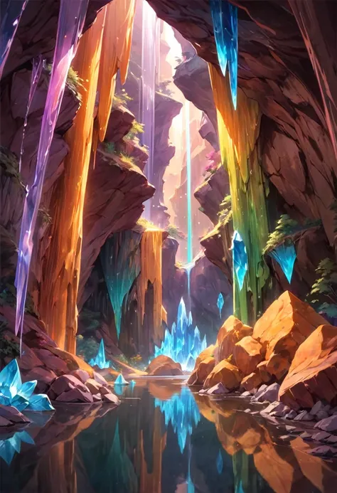 鐘乳石cave,underground gem wonderland,dazzling crystals and stalactites,地下magic和神秘,shiny blue and purple colors,amazing shapes and ...