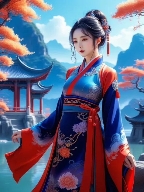 (full body), solo, anime girl wearing chinese fantasy clothes, posing in the fantasy landcape, fantasy landcape background, anim...