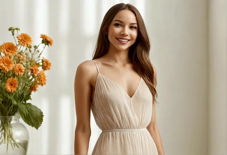 A lovely woman (simple sheer dress, joyous expression, pure love), posing near a flower vase, plain white room backdrop, well lit