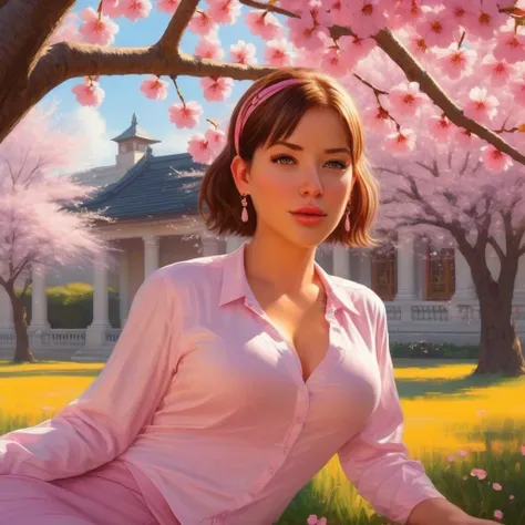 ultra-detailed, sitting under a blooming cherry blossom tree in a vibrant garden, surrounded by colorful flowers. She has radiant, expressive eyes, full of curiosity and innocence. Her lips are delicately curved into a gentle smile. Her hair are tied back ...