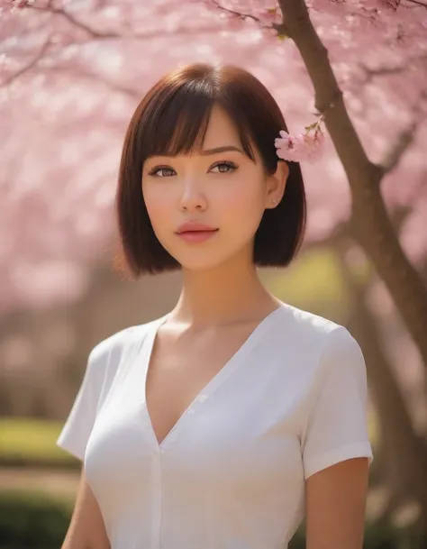 ultra-detailed, sitting under a blooming cherry blossom tree in a vibrant garden, surrounded by colorful flowers. She has radiant, expressive eyes, full of curiosity and innocence. Her lips are delicately curved into a gentle smile. Her hair are tied back ...