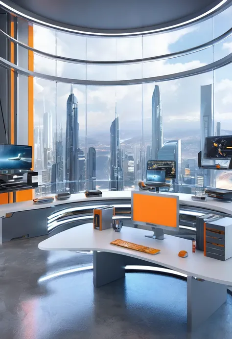 a beautiful futuristic office room, virtual company, futuristic control room, futuristic sci-fi agency with matte painting by jo...