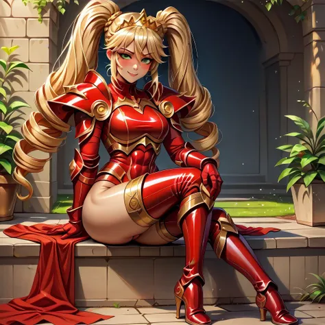  Lancer Artoria body (Alexis Texas Face), elegant adult female, blonde, green eyes (yellow eyelashes) crown, turtleneck, full body sitting on a bench, showing ass to me, RED breastplate, RED skin (1SologirlRED skin:1.2), looking at viewer, shiny, armor, th...