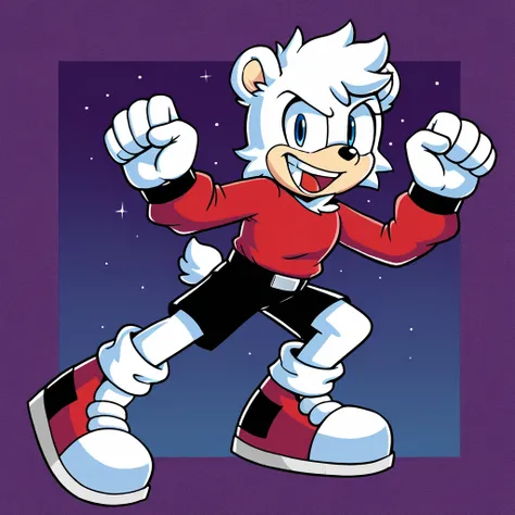 Custom avatar, Augustus the Polar bear character, wearing black shorts, in the cyberspace￼, cgi backround, doing a dyamic pose, someone holding his leg, 