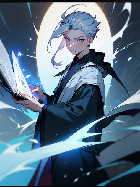 male, silver hair, undercut, mage, robes, holding a spellbook, intense