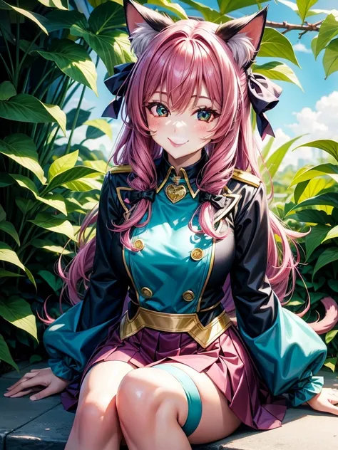 Magenta hair, hazel eyes, older woman, hair bows, cat ears, long hair, smiling face, sexy uniform, teal and gold clothes,plants background