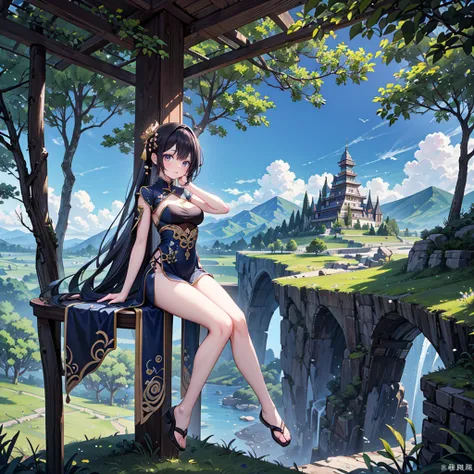 (Full body), solo, 1 beautiful girl wearing chinese fantasy clothes, posing, in the fantasy landcape, nature fantasy landcape background, panorama view