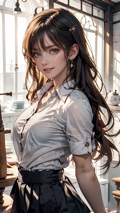 ((masterpiece, Highest quality)), (One girl), (alone), (Focus on women), (Ahoge, Gray Hair, Very long hair), Golden Eyes, Clear smile, Open your mouth, ((White shirt), (Buttoned shirt), (Gap Button)), ((Black Skirt), (Short skirt)), Are standing, White Bac...