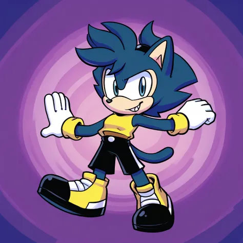 Custom avatar, Glitchy the Cat character, wearing black shorts, in the cyberspace￼, abstract, backround, doing a dyamic pose, someone holding his leg, 