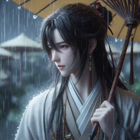 Anime girl holding an umbrella in the rain, artwork in the style of Gu Weiss, author：Yang J, The handsome guy in Demon Slayer, Beautiful character painting, author：Fan Qi, 2. 5D CGI anime fantasy artwork, Beautiful digital artwork, Detailed digital anime a...