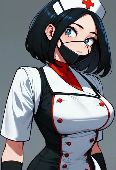 My hero academia, girl, black shaggy short hair and blue eyes, fully clothed, thin figure, has a mask on, nurse style costume, covered heavily on scars, Boku no hero academia 