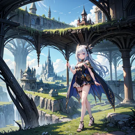 (Full body), solo, 1 beautiful girl wearing fantasy clothes, posing, in the fantasy landcape, nature fantasy landcape background, random wearther, panorama view