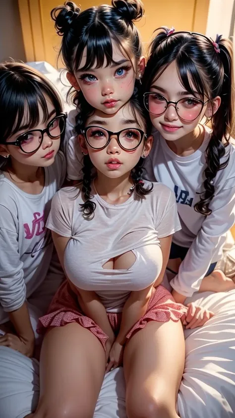 Young Face　Round glasses　Farbe々Hairstyle　Three Girls，Twin-tailed，Pigtails，，Bangs are aligned，Slightly chubby，tender，flexible，Short stature，Kuikomi Shirt，a bed，Smiling，The room is bright，Colossal tits，brownish hair