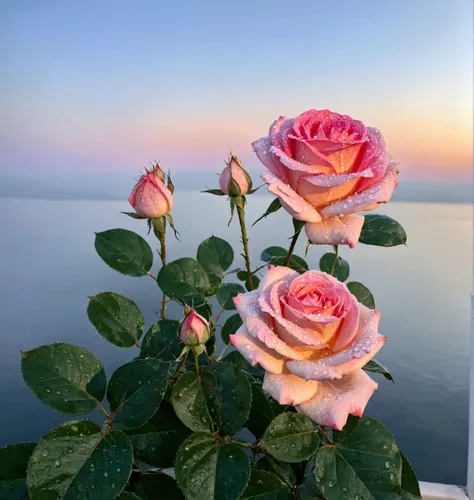 Pink rose buds with many water drops，Background is sunset，Real photography,Fresh and natural picture，best quality, high resolution
