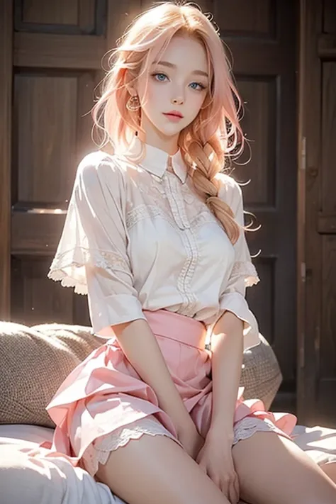 very beautiful masterpiece, Sexy blonde, Pink Hair, blue eyes, Expressive eyes, Delicate skin, Realistic skin texture, Delicate eyes, Beautiful woman, Pink is good, Pink lace, Short skirt, White skirt,