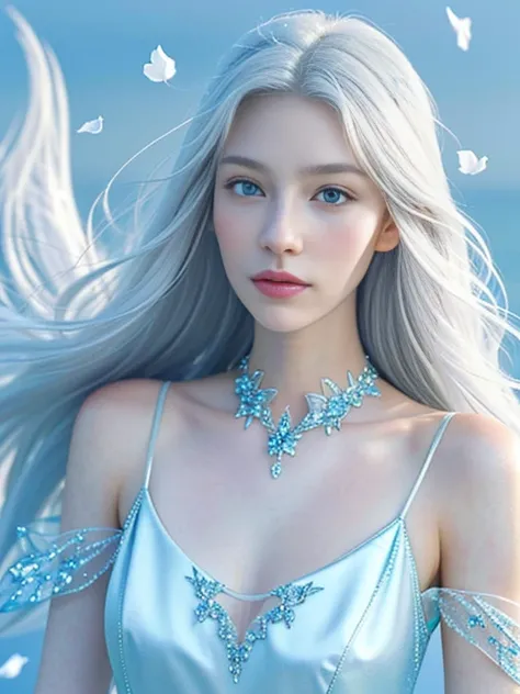 masterpiece, best quality,
Official Art,
Flying petals，
Detailed ice , Crystal texture skin, Cold expression, Fox ears,
White hair, Long hair, Messy hair, Blue eyes,
(Half body）, Full breasts,
Extremely exquisite and beautiful, Medium shot, Beauty detail e...