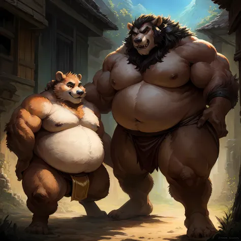 Epic adventure Citizen Zootopia manga style, village life Hunter x Hunter zootopia Character, Zootopia Monsters Dungeons and Dragons Legendary quest style, A poor villager wearing a loincloth, Real life, Anime serie, Anime character, Obese muscle Obese Sum...