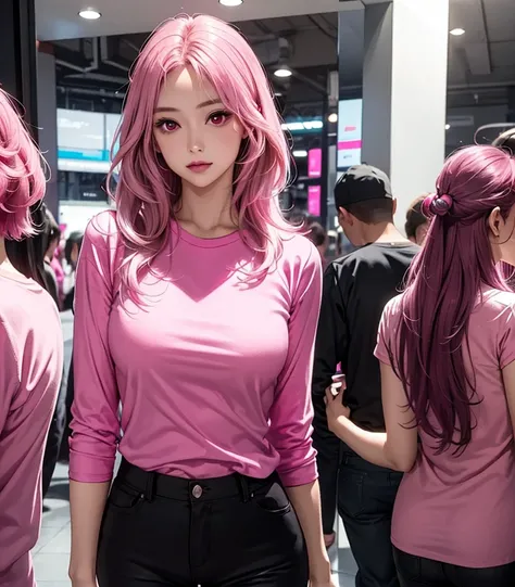 Woman with long hair straight, (magenta-pink hair color), high detailed, realistic, ultra realistic, ((Magenta-pink shirt)), black skinny long pant,