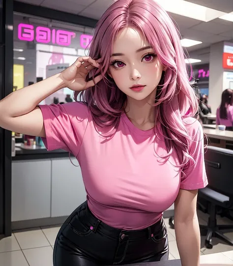 Woman with long hair straight, (magenta-pink hair color), high detailed, realistic, ultra realistic, ((Magenta-pink shirt)), black skinny long pant,