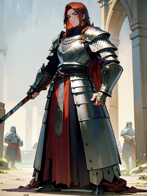 male, auburn hair, shoulder-length, guard, chainmail armor, vigilant, standing on path