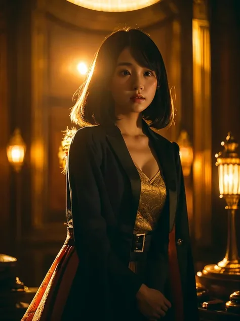 A cute asian girl with short hair wearing an elf dress, a tall man in a suit standing next to her, his face obscured, detailed face, intricate elf dress, atmospheric lighting, cinematic composition, detailed environment, warm colors, dramatic lighting, hig...