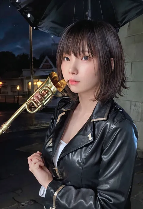 The sound of a trumpet echoing through the town at night、18 year old girl、Dark jacket、Trumpet in right hand、after the rain、The town&#39;s street lights illuminate the girl、The backlight is on、Midnight Blues