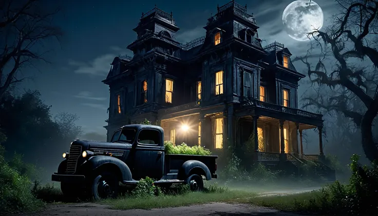 007: Create a hyper-realistic image of a large black truck parked in front of a dilapidated, haunted mansion at night. The trucks headlights illuminate the crumbling facade and broken windows of the mansion. The surrounding trees are twisted and gnarled, t...