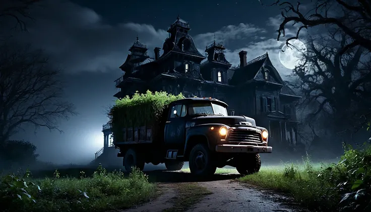 007: Create a hyper-realistic image of a large black truck parked in front of a dilapidated, haunted mansion at night. The trucks headlights illuminate the crumbling facade and broken windows of the mansion. The surrounding trees are twisted and gnarled, t...