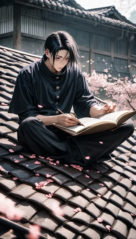 photo of an anime character (jujutsu KAISEN) named "yuta okkotsu" with black hair, and sharp eyes, a "jujutsu kaisen" shirt with buttons on the side, white "black trousers, with the effect of flying cherry blossom petals , was sitting on the roof tiles whi...