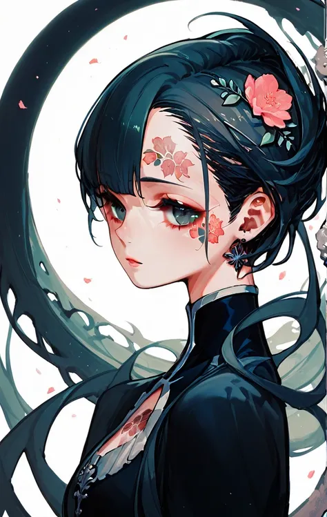 A stunning anime girl with an intricate floral tattoo on her neck, exuding elegance and beauty.,in the style of neon realism, dark pink and light black, gothic art nouveau, anime-inspired character designs, dark white and indigo, bold yet graceful, cyberpu...