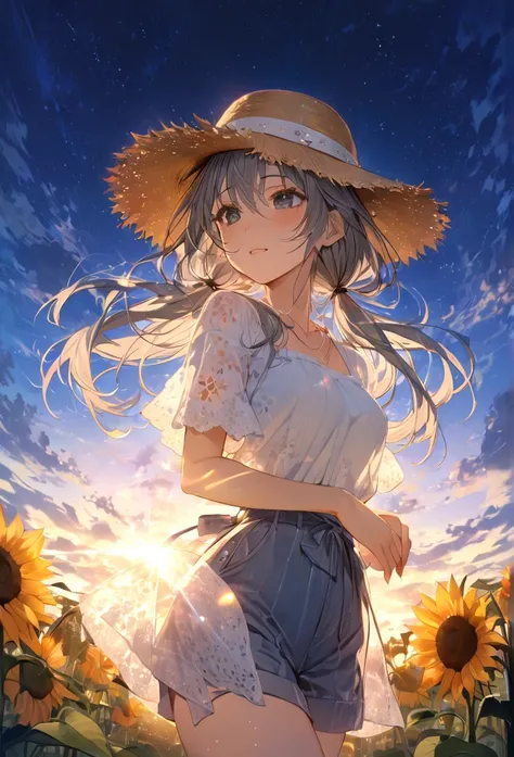 Highest quality　masterpiece　High resolution　Masterpiece Gray Eyes　Low twin tails、casual summer outfit　、flowerpunk、Summer sunflowers、Sparkling light particles、Vivid gradient effect