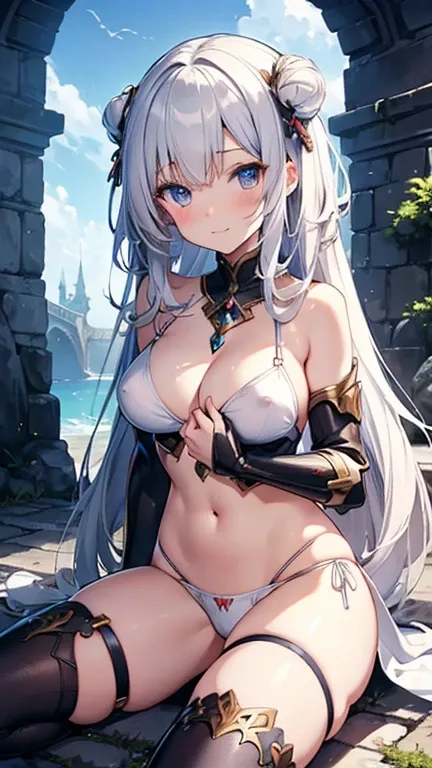 nsfw,8k,Masterpiece,(White Bikini),A woman wearing separate armor,Bikini Armor, The world of fantasy games set in another world,She sits on the cobblestones,((knees to chest))Sit with your knees hugged,Angle from below the front,(Panty Shot:1.3),Sexy anime...