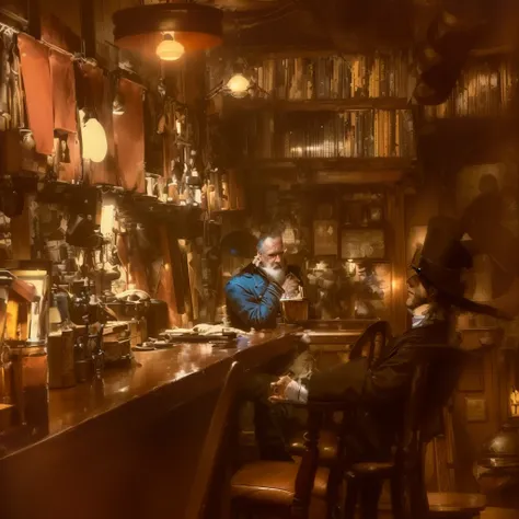 There is a man sitting at a bar with a lot of books., In the old magic shop, Filmed in the early 2020s, Nostalgic atmosphere, pleasant Cozy atmosphere, Dim Tavern, Cozy atmosphere, In the bar, a steampunk store, quirky shops, Cozy atmosphere, Messy maximal...