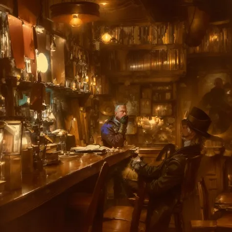 There is a man sitting at a bar with a lot of books., In the old magic shop, Filmed in the early 2020s, Nostalgic atmosphere, pleasant Cozy atmosphere, Dim Tavern, Cozy atmosphere, In the bar, a steampunk store, quirky shops, Cozy atmosphere, Messy maximal...