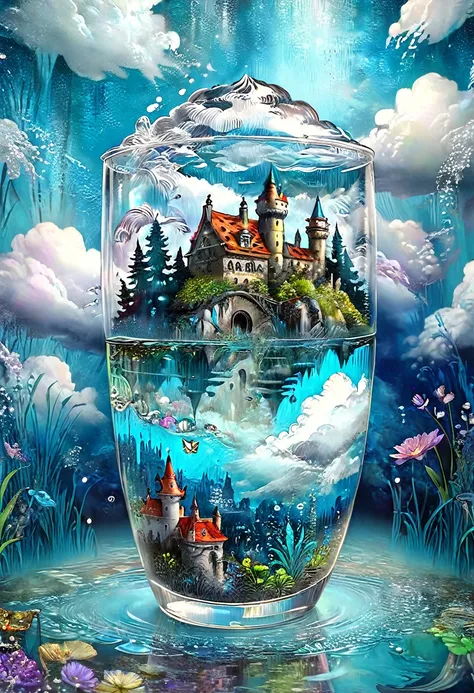 an enchanted city grows in a cup of clear water, clouds, a fairy tale, hyperdetalization, glitter, the background is dark, layered, many details, professional photo 64k