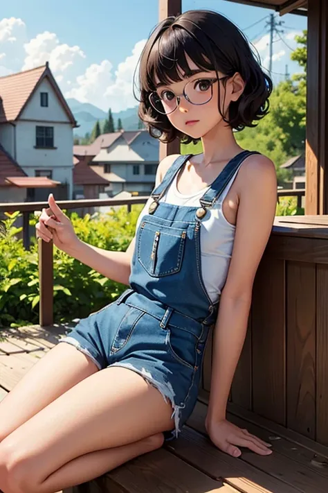 of the highest quality，masterpiece，of the highest quality，(Popart style),flat color，funny, honor student, 10 years，Glasses，short length，Curly hair, Brown hait, romantic, blunt bangs，thick eyebrows，Girl wearing an demin overalls shorts、tank top, lying down ...