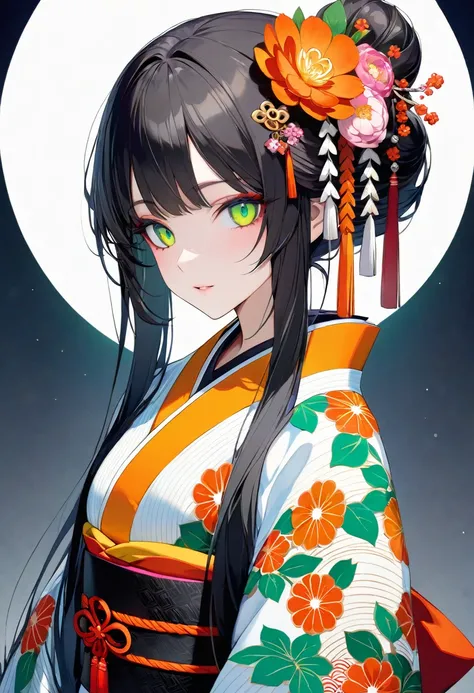 masterpiece, Highest quality, Super detailed, Detailed eyes, Upper Body Shot, Long characters, Decorated with colorful flowers and traditional hair ornaments、Intricately styled black hair. Characters、She is wearing a detailed kimono with vibrant orange flo...