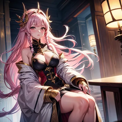 masterpiece, best quality, ultra-detailed, highly detailed, intricate design, anime-style character, [Changli from Wuthering Waves], young woman, light pink hair, twin braids, golden eyes, sly expression, finger on lips, futuristic warrior attire, white an...