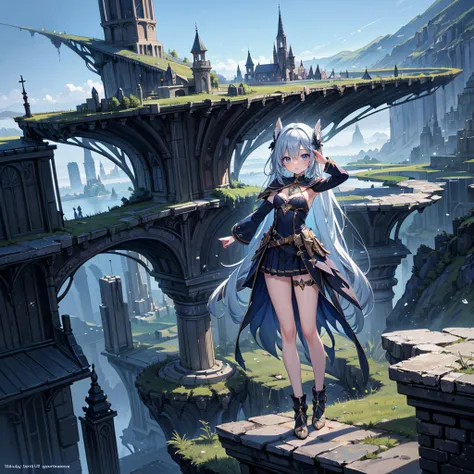 (Full body), solo, 1 beautiful girl wearing fantasy clothes, posing, in the fantasy landcape, stunning fantasy landcape background, panorama view