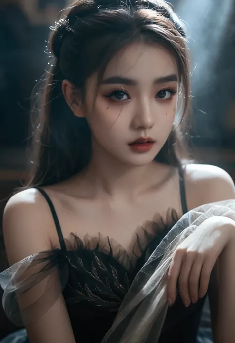 UHD, 8K, ultra detailed, a cinematic photograph of Dark Fantasy Art, a girl with Tulle skirt,making eye contact, dark, moody, dark fantasy style, beautiful lighting, great composition