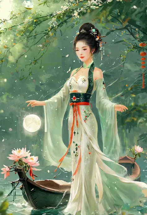 Anime girl in a white dress with a boat floating in the water，fantasy，Moon Goddess，美丽的fantasy女王,  author：Yang J, Chinese fantasy，beautiful girl，Sea Queen Mu Yanling，Moon Goddess，Flowing Magic Robe，Beautiful fairy witch, author：Cold plum, ((美丽的fantasy皇后))