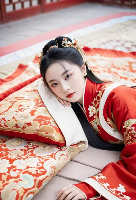 a close up of a woman in a red dress laying on a blanket, palace ， a girl in hanfu, hanfu, wearing ancient chinese clothes, chinese princess, ancient chinese beauties, ancient chinese princess, traditional beauty, a beautiful fantasy empress, ((a beautiful...