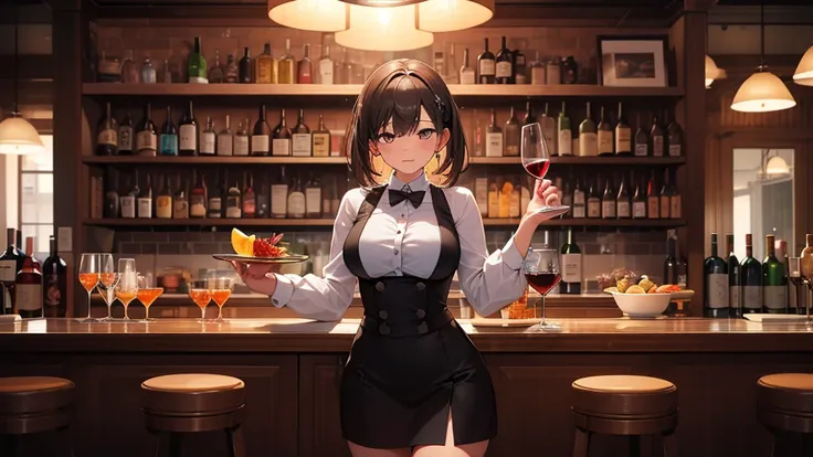 masterpiece, best quality, high quality, detailed, ultra detailed, hyper detailed, insanely detailed, exquisite, beautiful, FHD, Full-HD, 4K, 8K, 16K, highres, absurdres,bar,jazz,bartender,wine,1girl,cowboy shot