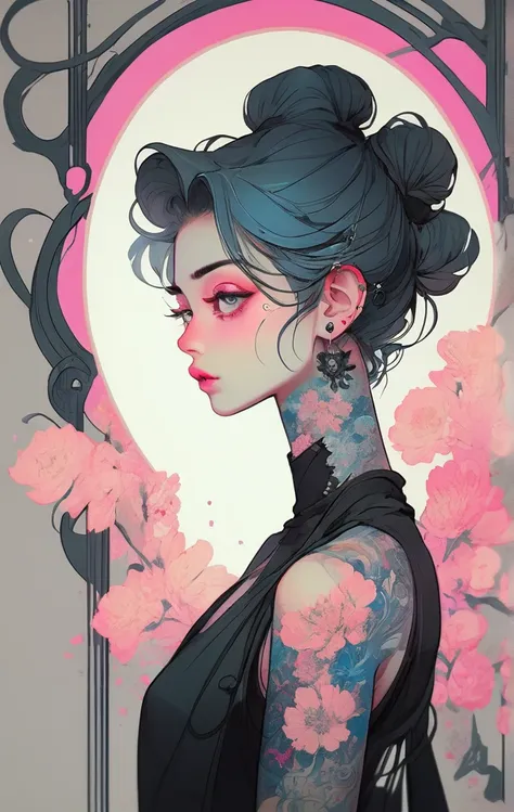 
A stunning anime girl with an intricate floral tattoo on her neck, exuding elegance and beauty.,in the style of neon realism, dark pink and light black, gothic art nouveau, anime-inspired character designs, dark white and indigo, bold yet graceful, cyberp...