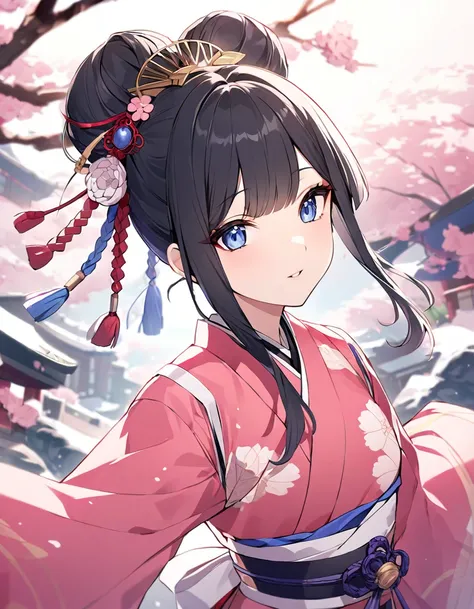 Create an image of a beautiful 21-year-old Japanese princess. She must have straight black hair tied in a traditional Japanese bun., Mr.々Decorated with traditional Japanese accessories. Her eyes are blue、She is wearing a traditional feminine pink dress.&#3...